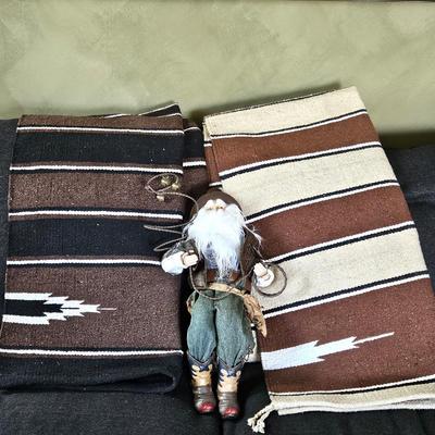 Vintage Western Decor Lot – 2 Wool Throw Blankets & 19” Cowboy Shelf Sitter Doll w/ Metal Lasso
