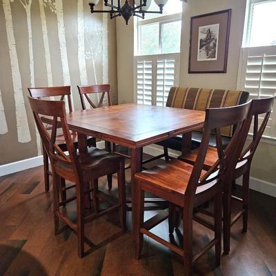  Counter Height Square Dining Table Set w/ 6 Chairs + Bench – Cherry Wood Finish - Side Leaves Lift to Make Table Round