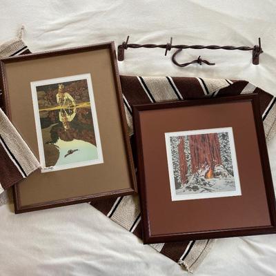 Framed Lithographic Artwork by Bev Doolittle "Christmas Day" & "The Good Omen" - Rustic Rug- Wall Hanger Set