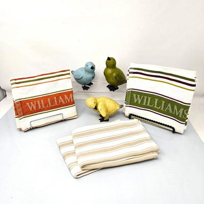 Set of Williams Sonoma Dish Towels Paired with Three Charming Wooden Birds in Assorted Colors
