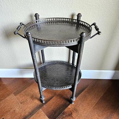 - Vintage Iron End Table with 2 Removable Etched Trays Ornate Floral Gallery Metal Stand