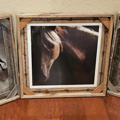 Set of Three Framed Horse Photographs with Weathered Frames and Barbed Wire Accents