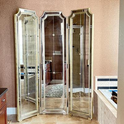 -Uttermost Mirrored Folding Screen Room Divider 3-Panel Beveled Glass Gold Trim 81”- Antiqued Glass 