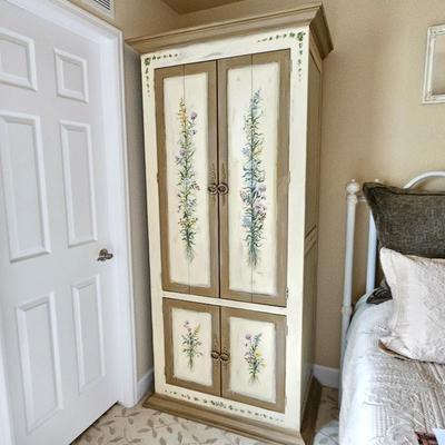 Habersham Hand Painted Armoire Cabinet by Quang Nguyen – Floral Art, 81”H x 34”W x 21”D – Signed 2007