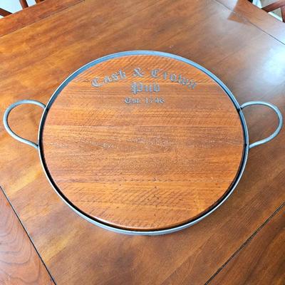 Vintage Style Solid Wood Serving Tray with Steel Frame - "Cask & Crown Pub Est. 1746" - 21" Diameter