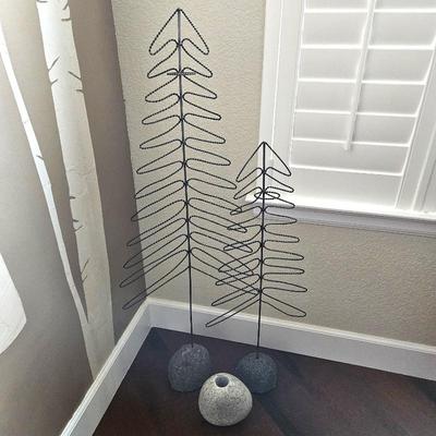 Set of 2 Twisted Metal Pine Trees with Stone Bases Decorative Home Décor