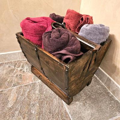 Rustic Wooden Towel Bin Organizer - Includes Soft Towels in Assorted Colors
