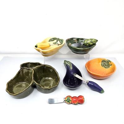 Assorted Condiment Dishes with Matching Knives from Williams Sonoma Plus Three Compartment Server
