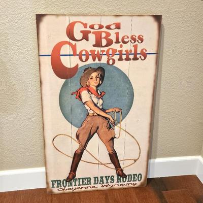Vintage God Bless Cowgirls Frontier Days Rodeo Sign Wooden Decor _ Large 23" x 39"