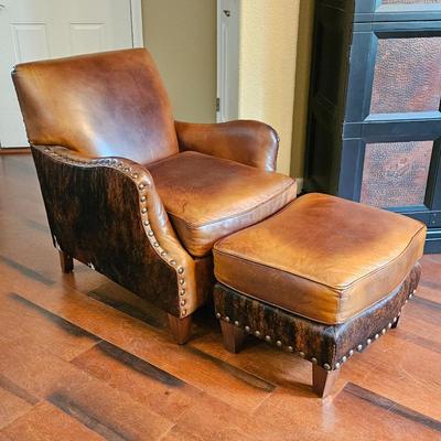  Seven Seas by Hooker Leather Club Chair & Ottoman Set w/ Cowhide Sides Western Nail Head Ranch Style