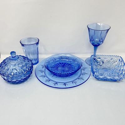 Large Blue Glassware Set, Serves 12 - Indiana Glass Light Blue Cubist, Avon Fostoria Water Goblets and Dish Set