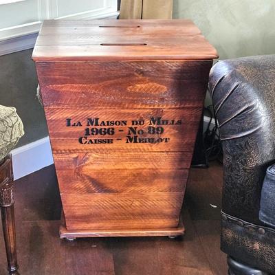  Vintage French Wine Crate Storage Box Table – La Maison du Mills 1966 Merlot – Rustic Wood Bin 22.5"x 27"
