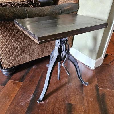 Lot #17 - Industrial Crank Side Table – Solid Wood Top & Cast Iron Legs – Adjustable Height Vintage Style
