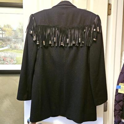  Vintage New Frontier Black Wool Western Fringe Jacket w/ Metal Conchos USA Sz Small
