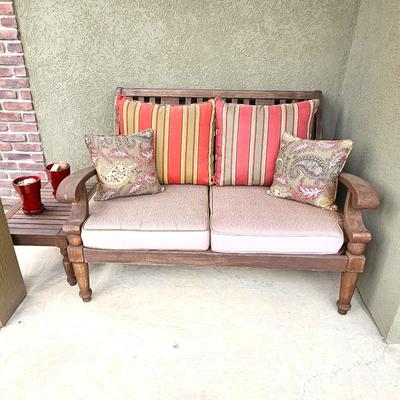 - Outdoor Patio Bench with Matching Side Table – 50” Wide – Cushions & Accent Pillows Included
