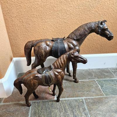  Horse Figurines Pair w/ Leather Saddles & Lots of detail Work! – 17” & 13” Rustic Decor