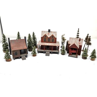 - Vintage Wooden Miniature House Set with Pine Tree Figurines - Country Crafts by C. Henson