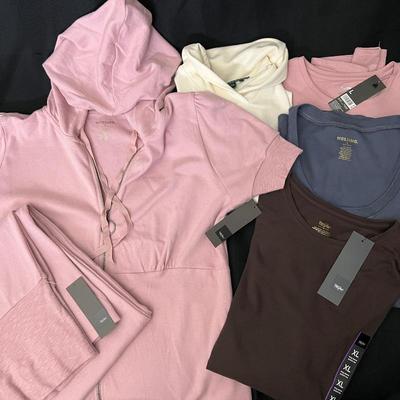  New 6 -Piece Women's Apparel Lot - Hoodie and Pants Set, T-Shirts, Sizes L & XL, Pink, Blue Gray, Cream, Brown