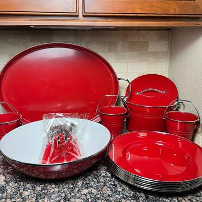 Red Pottery Barn Partyware Stainless Steel Rim