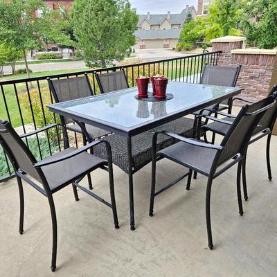  7pc Black Patio Counter Height Dining Set – Glass Table + 6 Mesh Chairs + Red Pots – 66" x 40"
