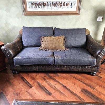 Paul Robert Western Tooled Leather & Black Denim Loveseat Sofa w/ Nail head Trim & Reversable Pillow w/ Leather Fringe