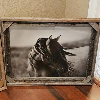 Set of Three Framed Horse Photographs with Weathered Frames and Barbed Wire Accents
