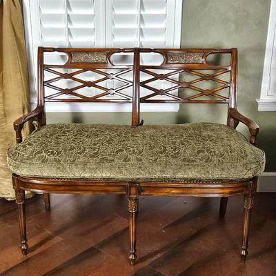 Restoration Hardware French Empire Style Cane Back Settee Bench – Carved Wood, Tufted Cushion, 50” Wide