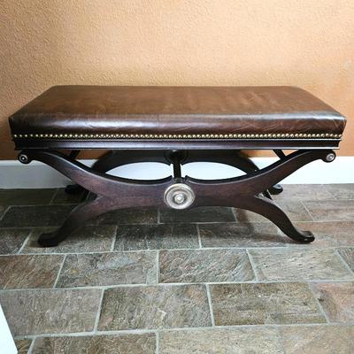  Restoration Hardware Leather Bench Distressed Nail head Trim Espresso Wood 38” x 15” x 19”
