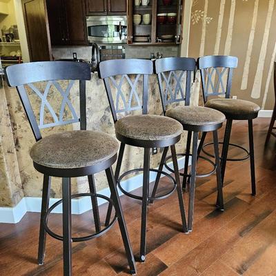 Set of 4 Custom 34” Swivel Bar Stools – Brown Metal Frame, Wood Back, Embossed Leather Seats