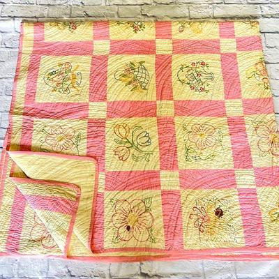Pink & White Floral Quilt, Hand Quilted