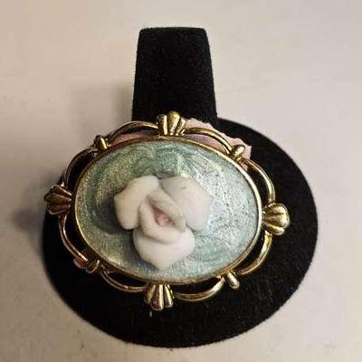 Vintage Porcelain Pink Rose Brooch 