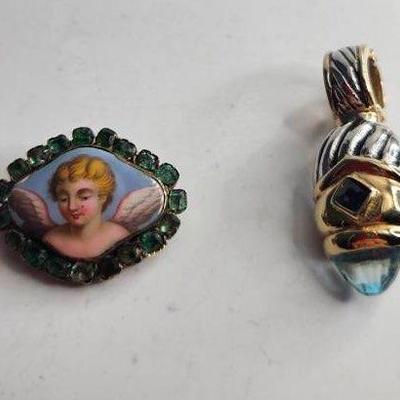 Angel Brooch Outlined With Green Rhinestones,  David Yurman Like Pendant With Blue Stone 