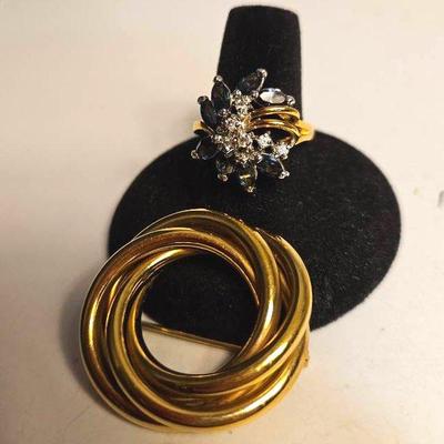 12k Gold Filled Round Twisted Brooch, Blue And Clear Stone Ring