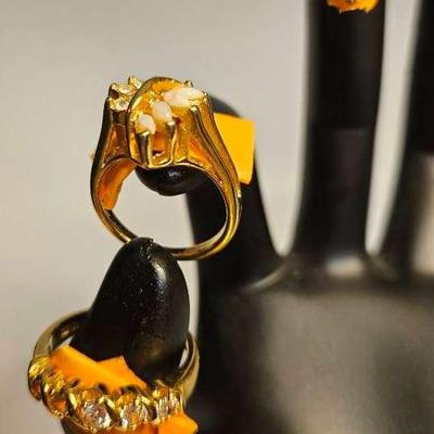 14k Gold Electroplate 5 CZS, Opallike With Rhinestones, Gold Plate Thailand Ring With LG Cz Stones