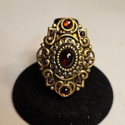  Vintage Michal Golan Oval Bronze Scrolley 3 Red Stones Ring