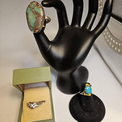 Sterling Ring With Crystal Stones, Sterling Ring With Blue Turquoise & Sterling Ring With Green Turq