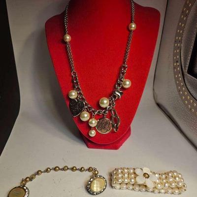 Vintage Sweater Clip, MOP Flower Stretch Bracelet, Rachel Necklace With Charms