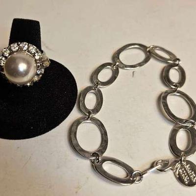 Sarah Coventry Pearl And Rhinestone Ring,  Mapen Elena Silvertone Bracelet