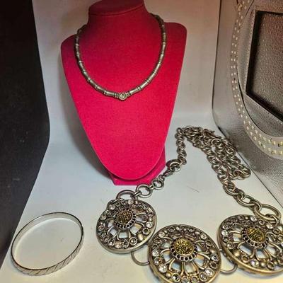 Monet Bangle Bracelet, Chico's Large Gray 3 Round Circles With CZs Belt Chain Plus