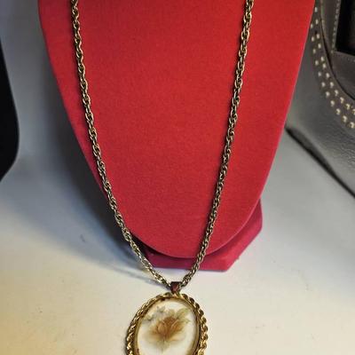 Flowers And Leaves Behind Glass  In A Goldtone Frame Pendant Chain Necklace 
