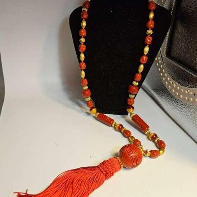 Miriam Haskell Vintage 1980 Long Oriental Necklace Silk Tassel 