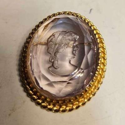 Soft Purple Pink Intaglio Glass Cameo Brooch 