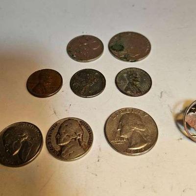 2 Foreign Coins, 3 Pennies, 2 Nickels, 1 Quarter, 1 Buffalo Nickel Pin