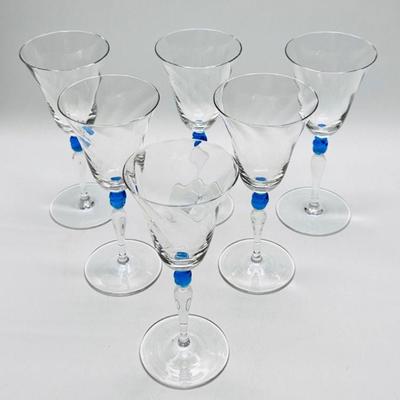 Vintage Handblown Crystal Small Wine Appertif Glasses - Set of 6 - Optic Swirl & Twisted Blue Stem