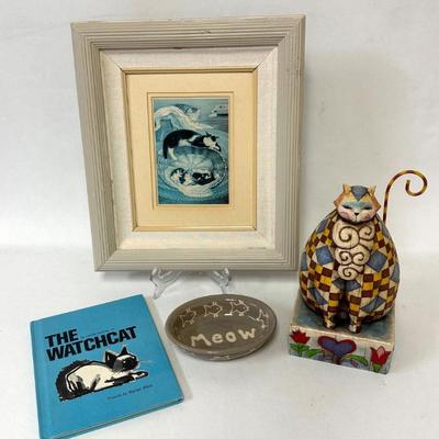 Sale Photo Thumbnail #85: Cat Lovers Lot Includes Tully Cat Figurine by Jim Shore, Framed Print, Cat Drink Coasters and Painted Wood Cat