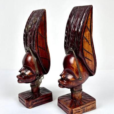 Sale Photo Thumbnail #87: Vintage African Tribal Busts - Set of 2 - Hand-Carved Wood Figurines 9" Tall w/Metal Details - Mid Century Ethnic Decor