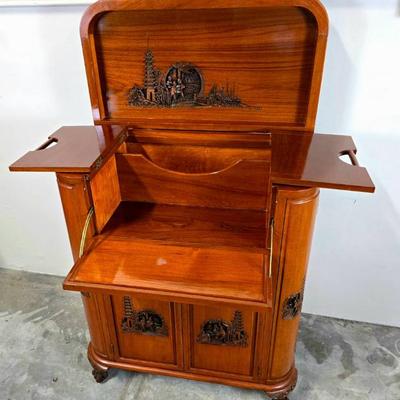 Mid-Century Hand Carved Teak Asian Bar Cabinet