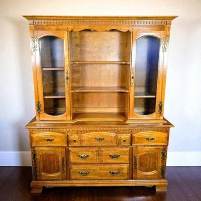 Vintage Dining Buffet & Hutch - Solid Wood, Honey-Toned Finish, Paneled Doors, Brass Hardware