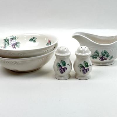 Sale Photo Thumbnail #50: Vintage Pfaltzgraff "Grapevine" Serving Bowls, Creamer / Gravy Server & Shaker Set
