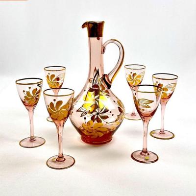 Vintage Pink Crystal Decanter and Cordial Glass Set - 7 pieces - Hand Painted Gold Flower Accents - Hungarian Mid Century